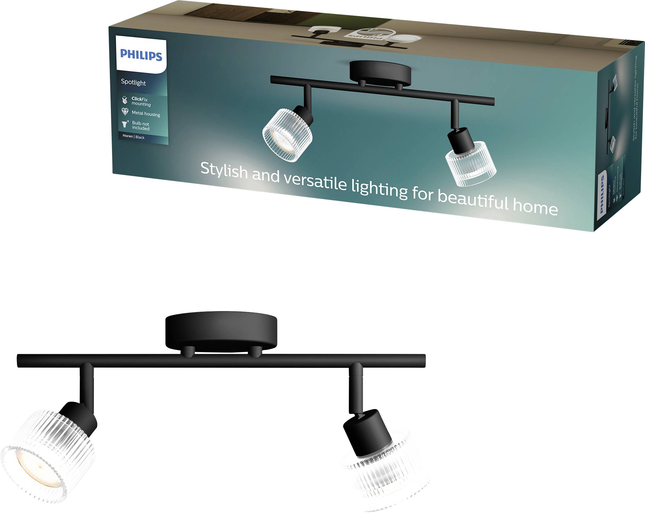 Philips-Deckenspotleuchte mit zwei verstellbaren Lampen, auf der Produktverpackung gezeigt und unten auf weißem Hintergrund, mit dem Label „Stilvolle und vielseitige Beleuchtung für ein schönes Zuhause