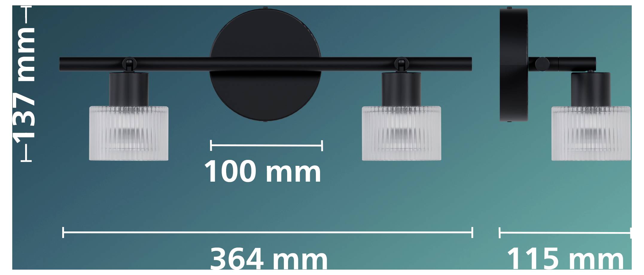 Diagramm einer dreiflammigen Wandleuchte mit beschrifteten Abmessungen: 364 mm Breite, 115 mm Tiefe, 137 mm Höhe und 100 mm Abstand zwischen den Leuchten.
