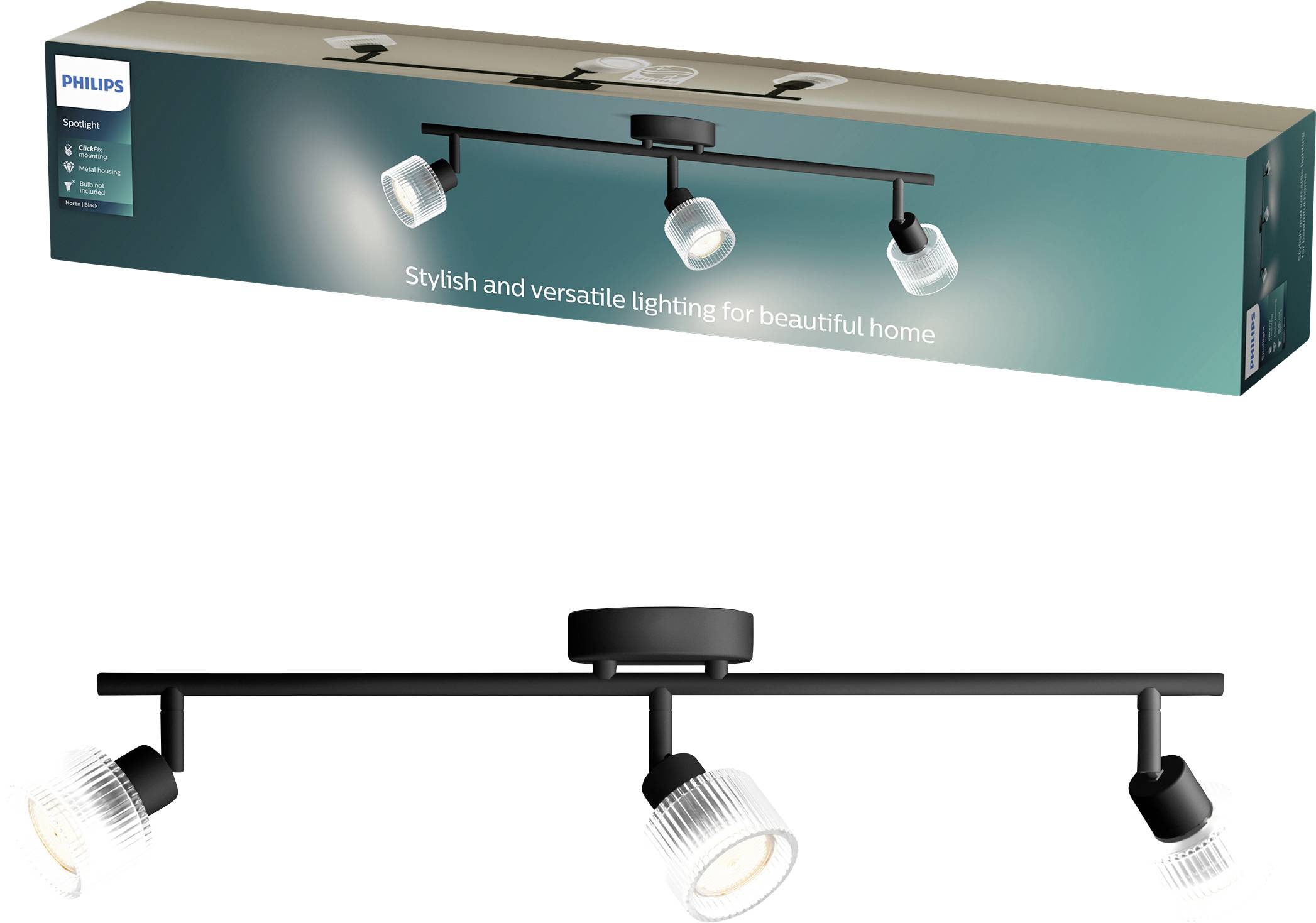 Philips dreiflammige schwarze Schienen-Deckenleuchte, gezeigt in installiertem Zustand und in der Verpackung, für stilvolles Wohnzimmerbeleuchtung.