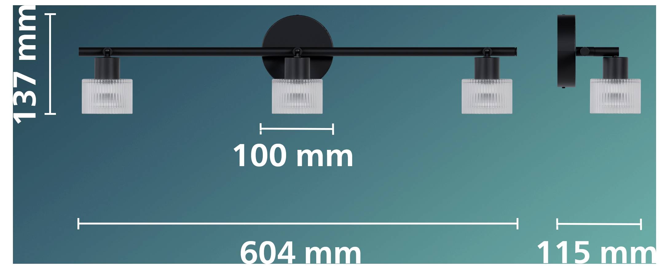 Diagramm einer montierten Leuchte mit Abmessungen: 137 mm Höhe, 100 mm Abstand, 604 mm Gesamtbreite und 115 mm Endsektionen.