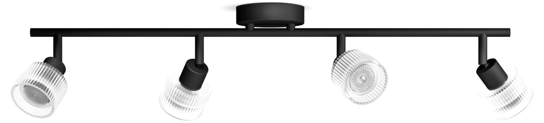 Schwarze Schienensystem-Leuchte mit vier verstellbaren Spotlights, die auf einer horizontalen Schiene montiert sind.