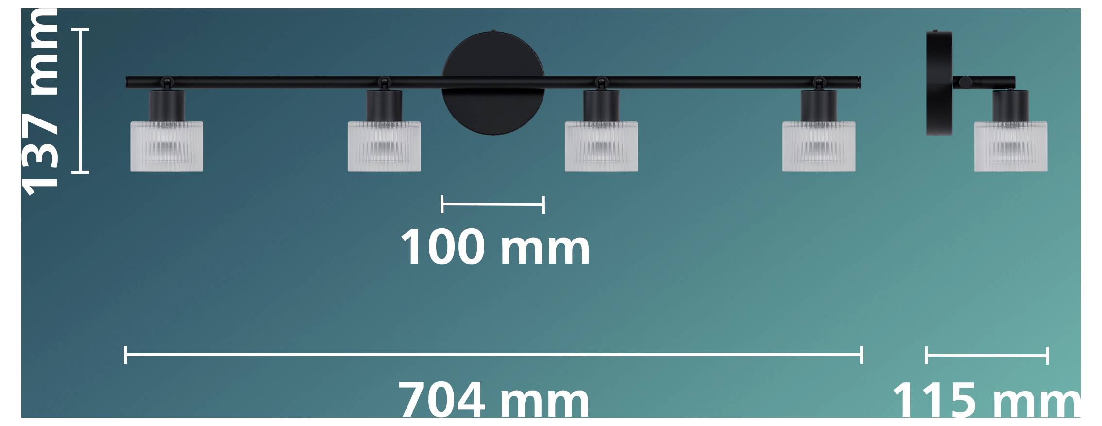 Diagramm einer Deckenleuchte mit fünf Strahlern, mit beschrifteten Abmessungen von 100 mm, 137 mm, 704 mm und 115 mm.