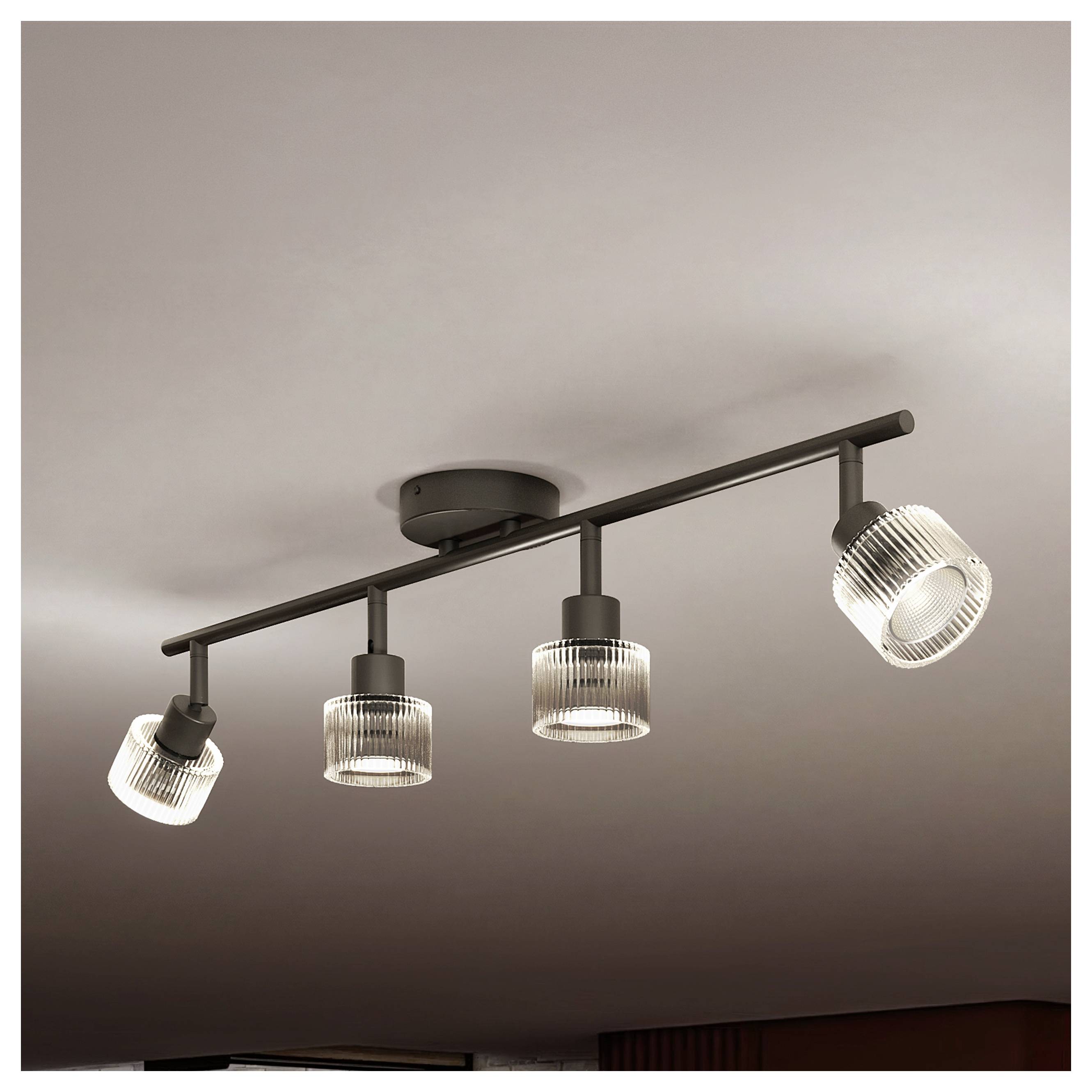 Schwarze Schienen-Deckenleuchte mit vier verstellbaren gerippten Glasspot-Lampenschirmen