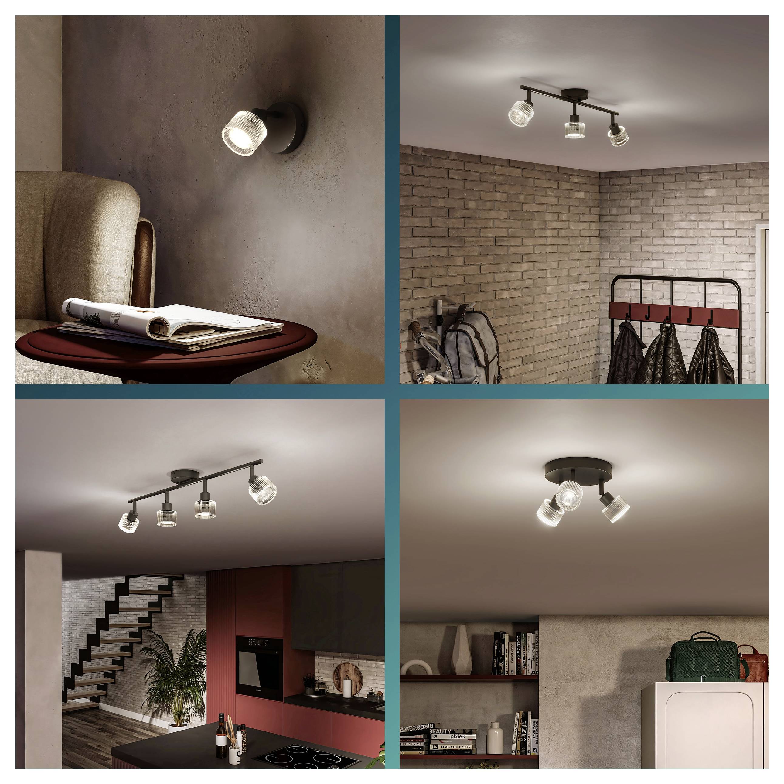 Collage moderner verstellbarer Decken- und Wandstrahler, die einen Raum beleuchten und Einzel- und Multi-Licht-Leuchten in verschiedenen Inneneinrichtungsszenen zeigen.