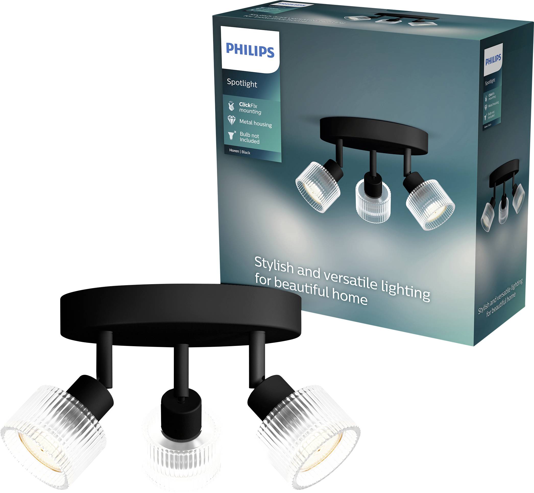 Philips Spotlight Deckenleuchte mit drei Leuchten, schwarzer Basis und klaren Glassschirmen, abgebildet mit ihrer Produktschachtel.
