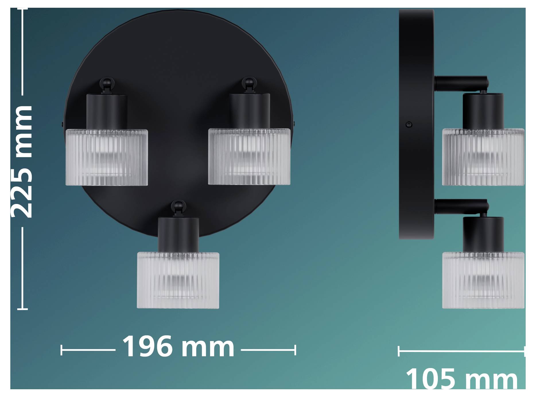Bemaßungsdiagramm einer schwarzen runden Wandleuchte mit drei Mattglasschirmen, das eine Höhe von 225 mm, eine Breite von 196 mm und eine Tiefe von 105 mm zeigt.