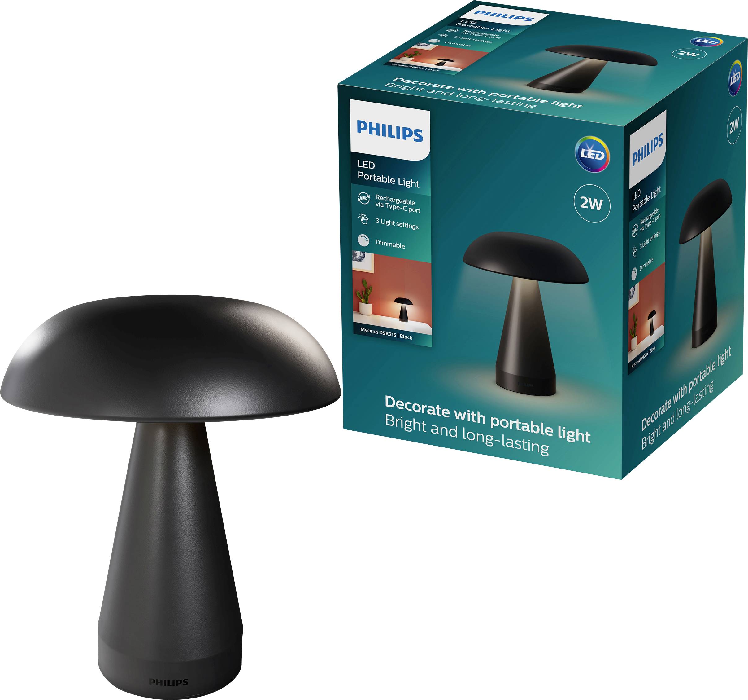 Schwarze tragbare Philips LED-Tischlampe neben ihrer Produktverpackung, beschriftet mit 2W und „Dekorieren Sie mit tragbarem Licht, hell und langlebig