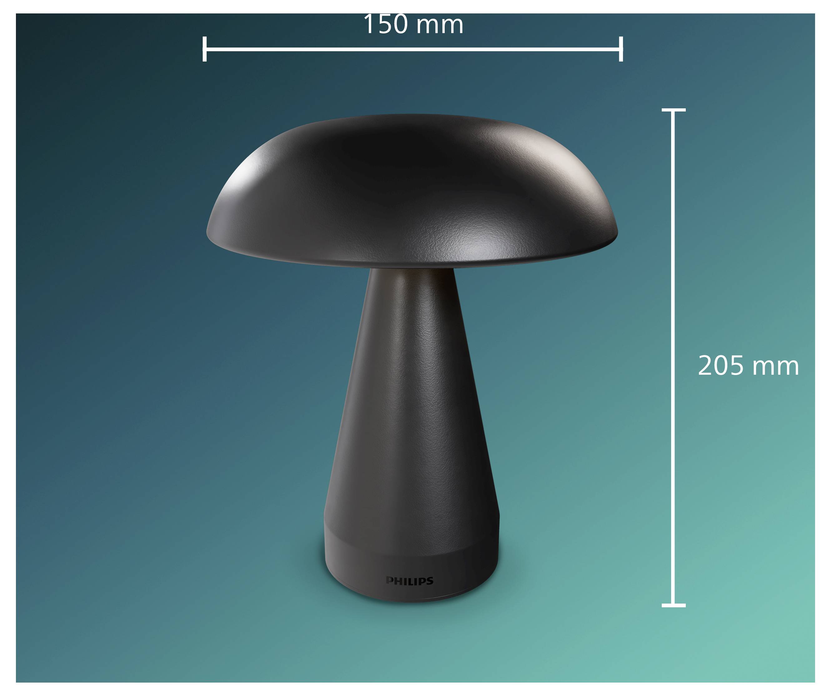 Produktbild einer schwarzen pilzförmigen Lampe oder eines Lautsprechers, dargestellt mit Abmessungen von 150 mm Breite und 205 mm Höhe auf einem blaugrünem Hintergrund.