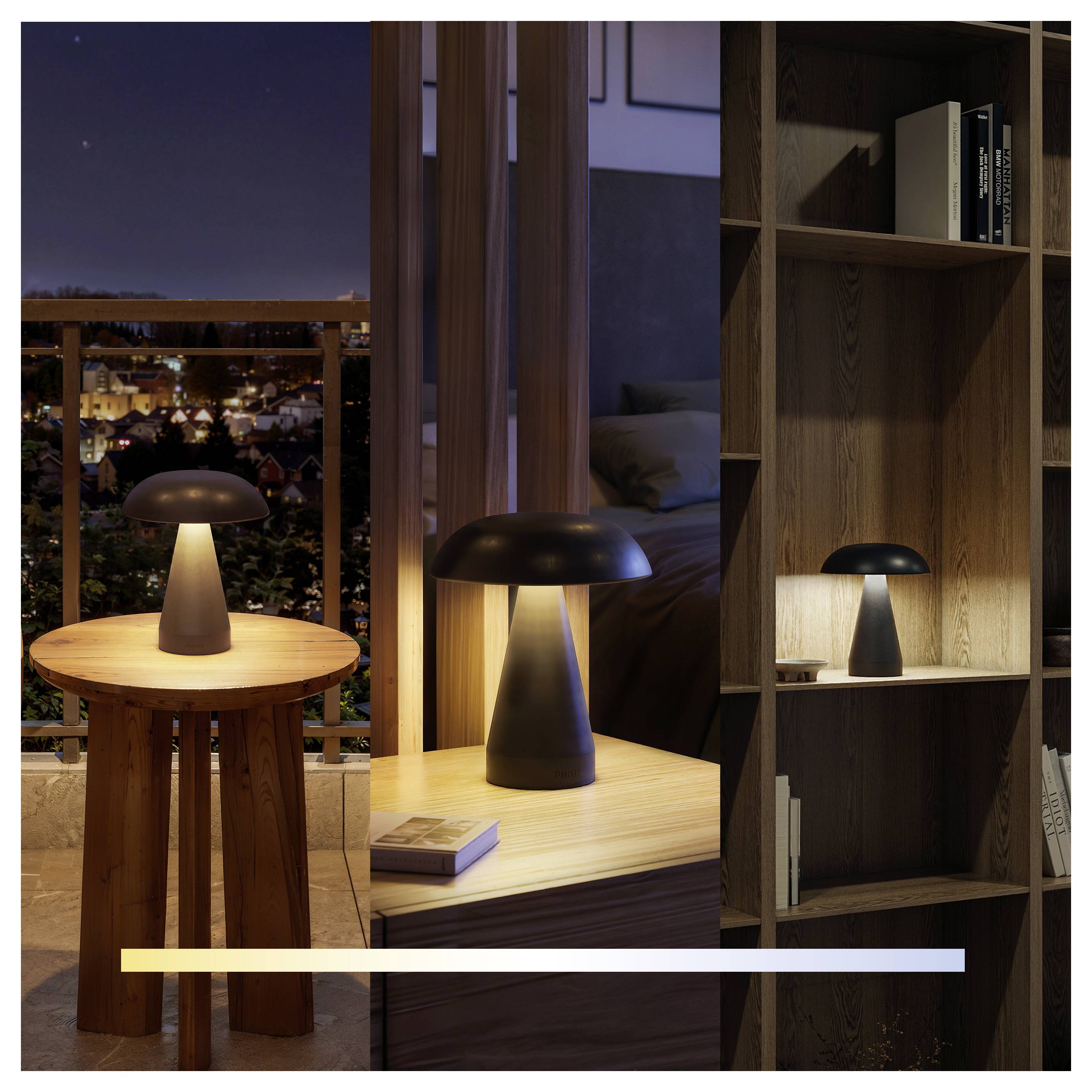 Drei Ansichten einer modernen schwarzen Tischlampe, die auf einem Holztisch, einem Nachttisch und einem Bücherregal in einem warmen, gemütlichen Innenraum in der Nacht leuchtet.