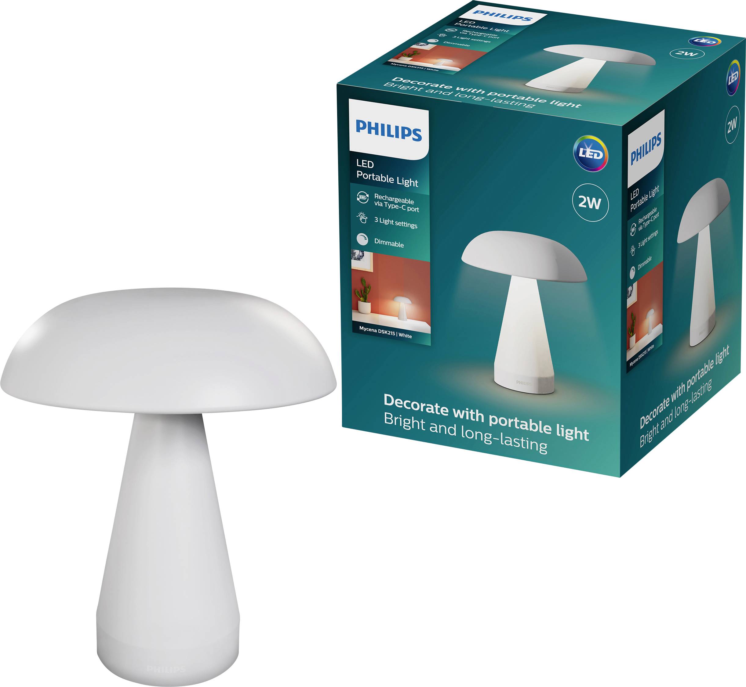 Weiße tragbare Pilz-förmige Philips LED-Lampe neben ihrer Produktverpackung ausgestellt, beschriftet mit 2W und „Mit tragbarem Licht dekorieren