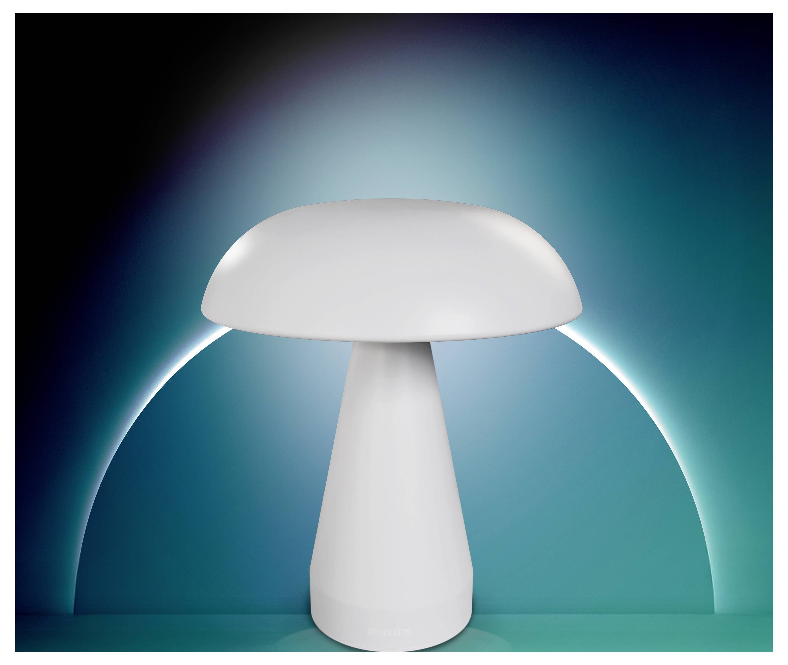 Weiße pilzförmige Lampe, zentriert auf einem blaugrünem Hintergrund mit einem leuchtenden Bogen dahinter.