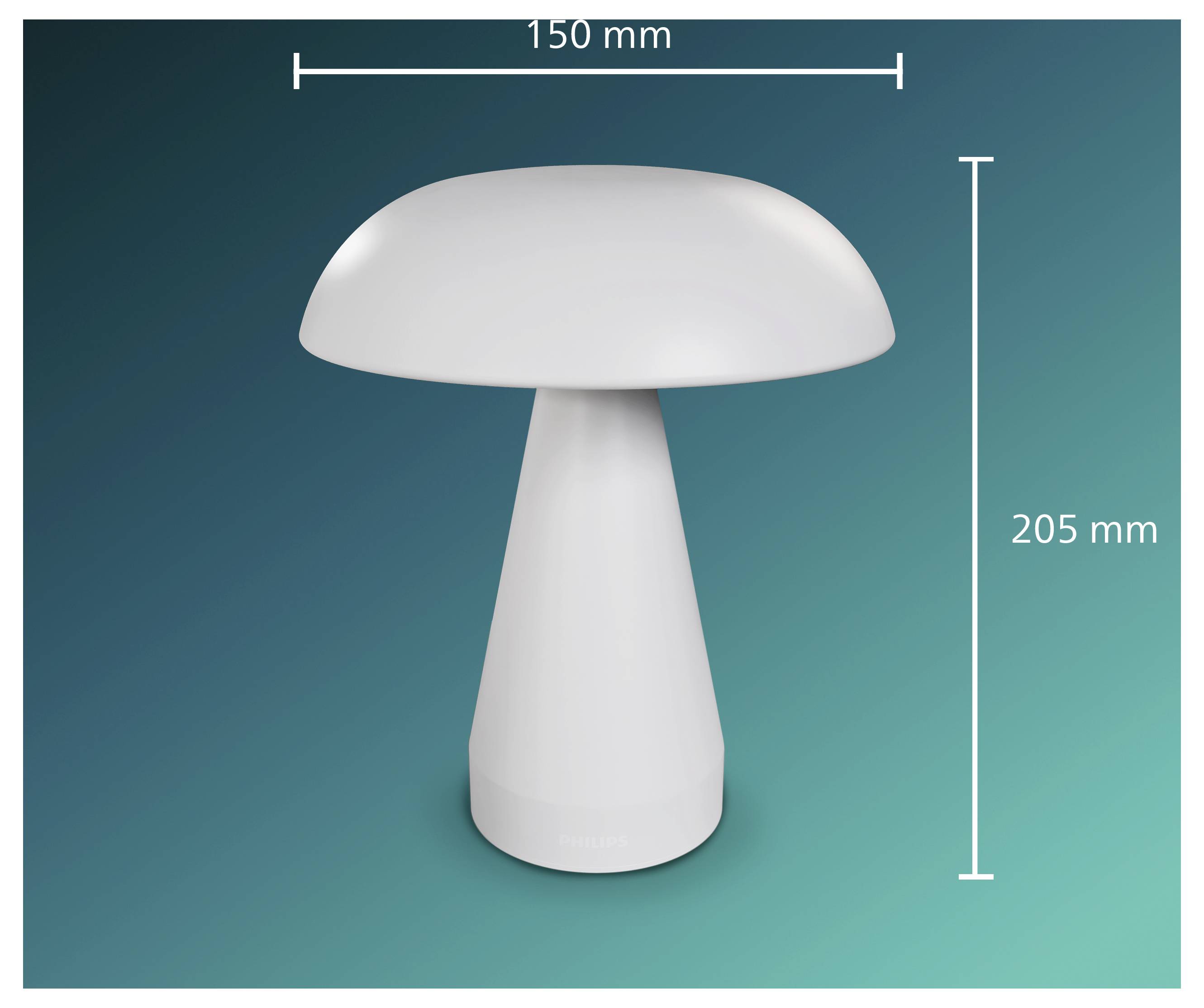 Weiße pilzförmige Tischlampe auf tealblauerem Hintergrund, beschriftet 150 mm breit und 205 mm hoch.