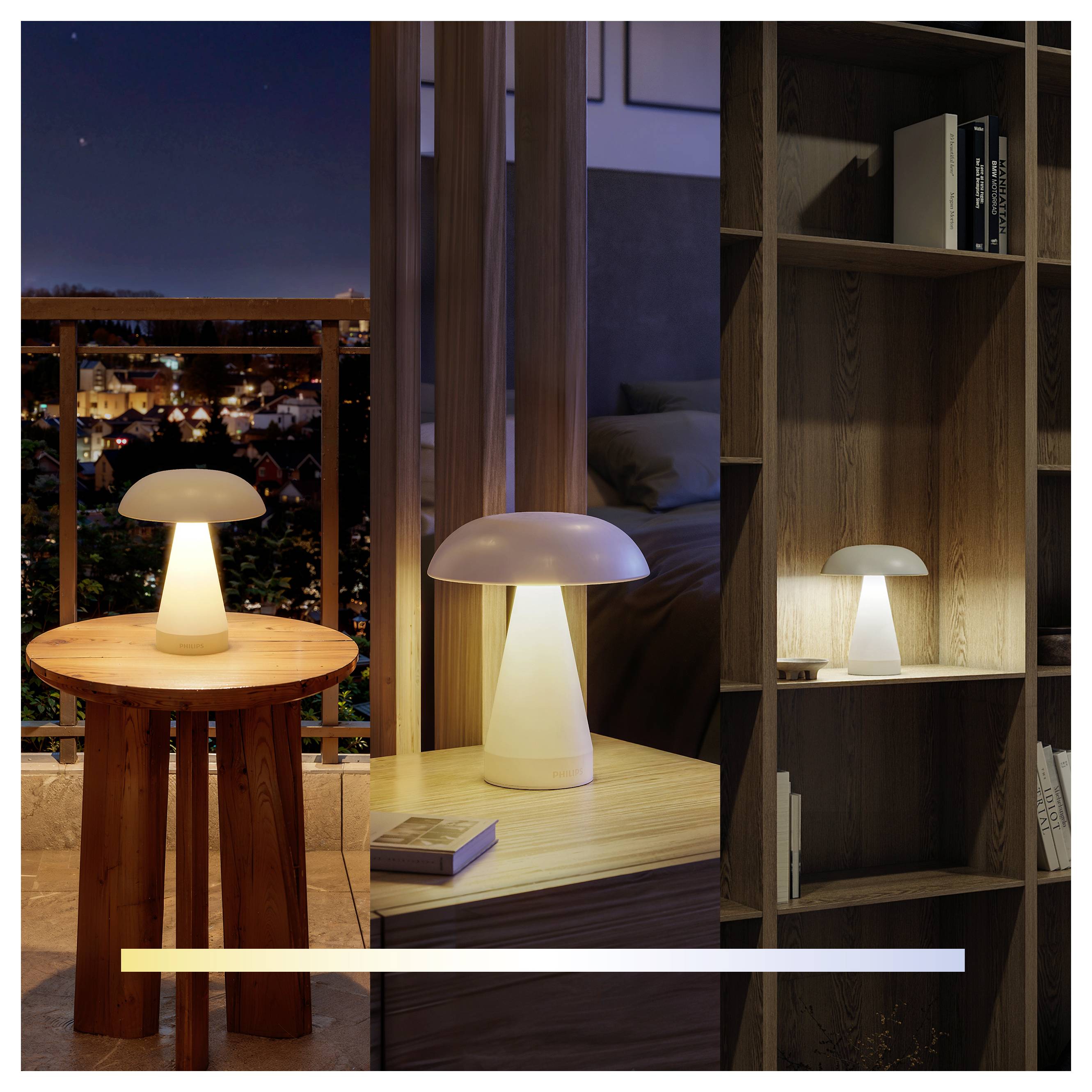 Drei Ansichten einer pilzförmigen Tischlampe, die auf einem Holztisch, einem Bücherregal und einem Balkon in der Nacht leuchtet und warmes Umgebungslicht im Innen- und Außenbereich zeigt.