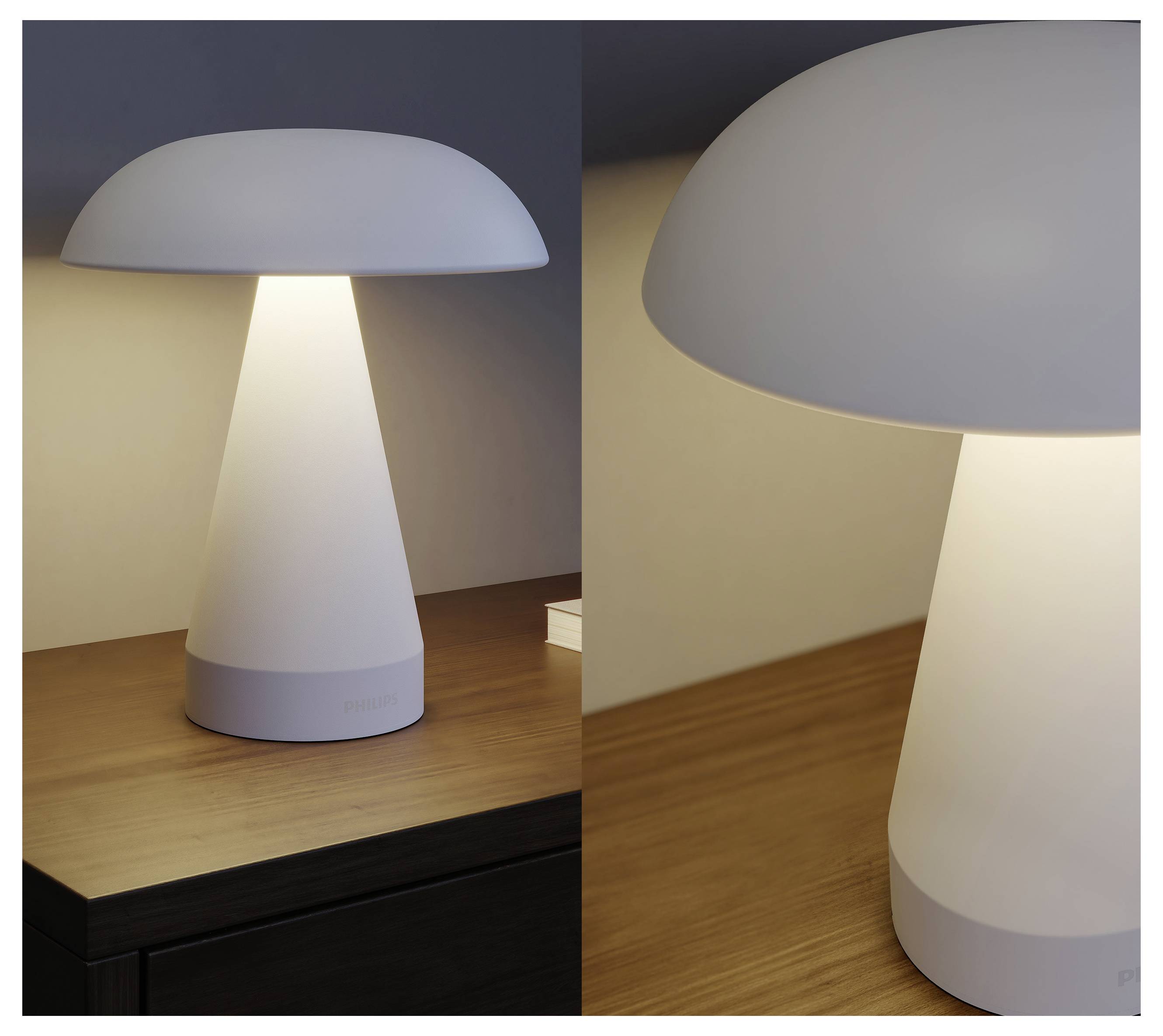 Modernes weiße Tischlampe mit pilzförmigem Schirm, beleuchtet auf einem Holzschreibtisch in zwei Nahaufnahmen.