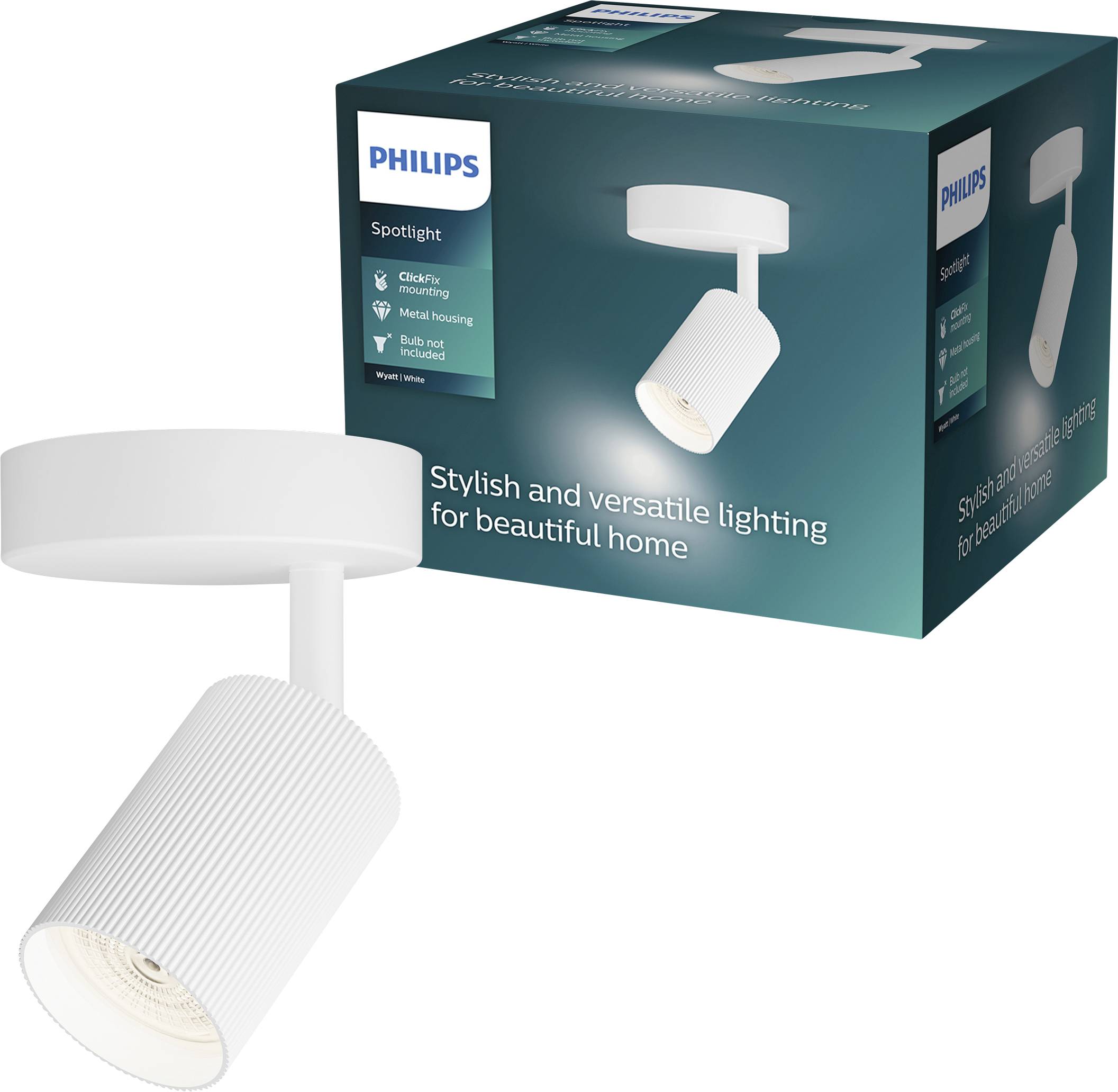 Philips weißer Strahler mit Originalverpackung, gezeigt als stilvolles vielseitiges Licht für das Zuhause.