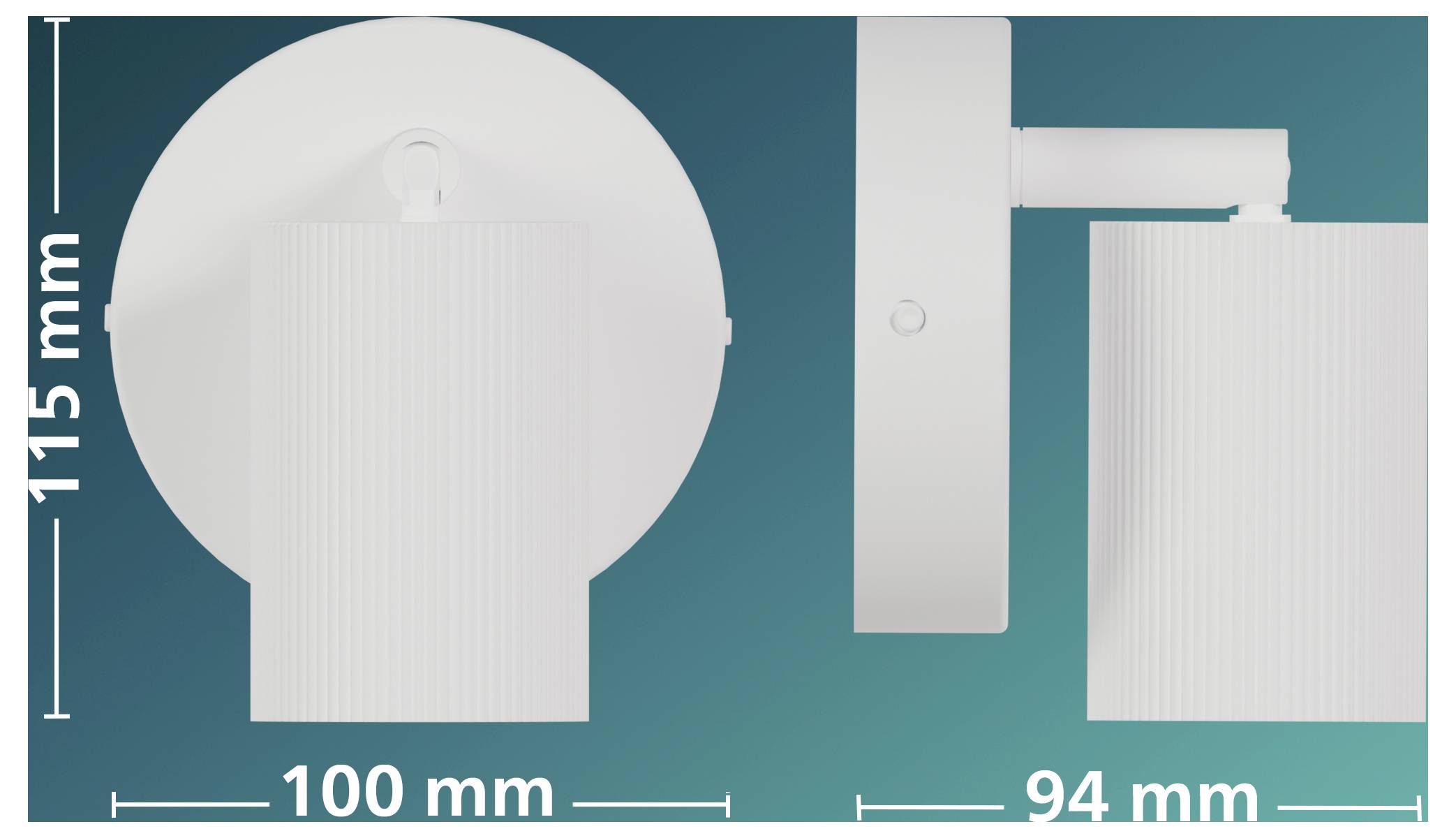 Technische Zeichnung einer runden Wandleuchte, zeigt Front- und Seitenansicht mit beschrifteten Abmessungen 115 mm Höhe, 100 mm Breite und 94 mm Tiefe.