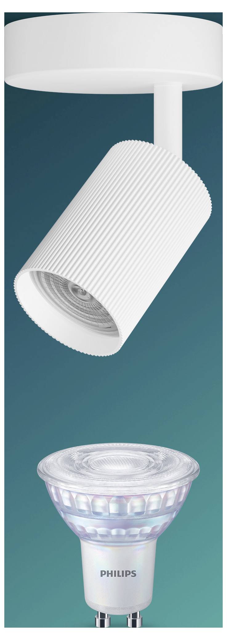 Stilisierte Philips LED-Spotlightbirne, dargestellt in auseinandergefallene Teile zerlegt, mit geripptem zylindrischem Gehäuse und Reflektorlinse, auf tealblaue Gradientenhintergrund.