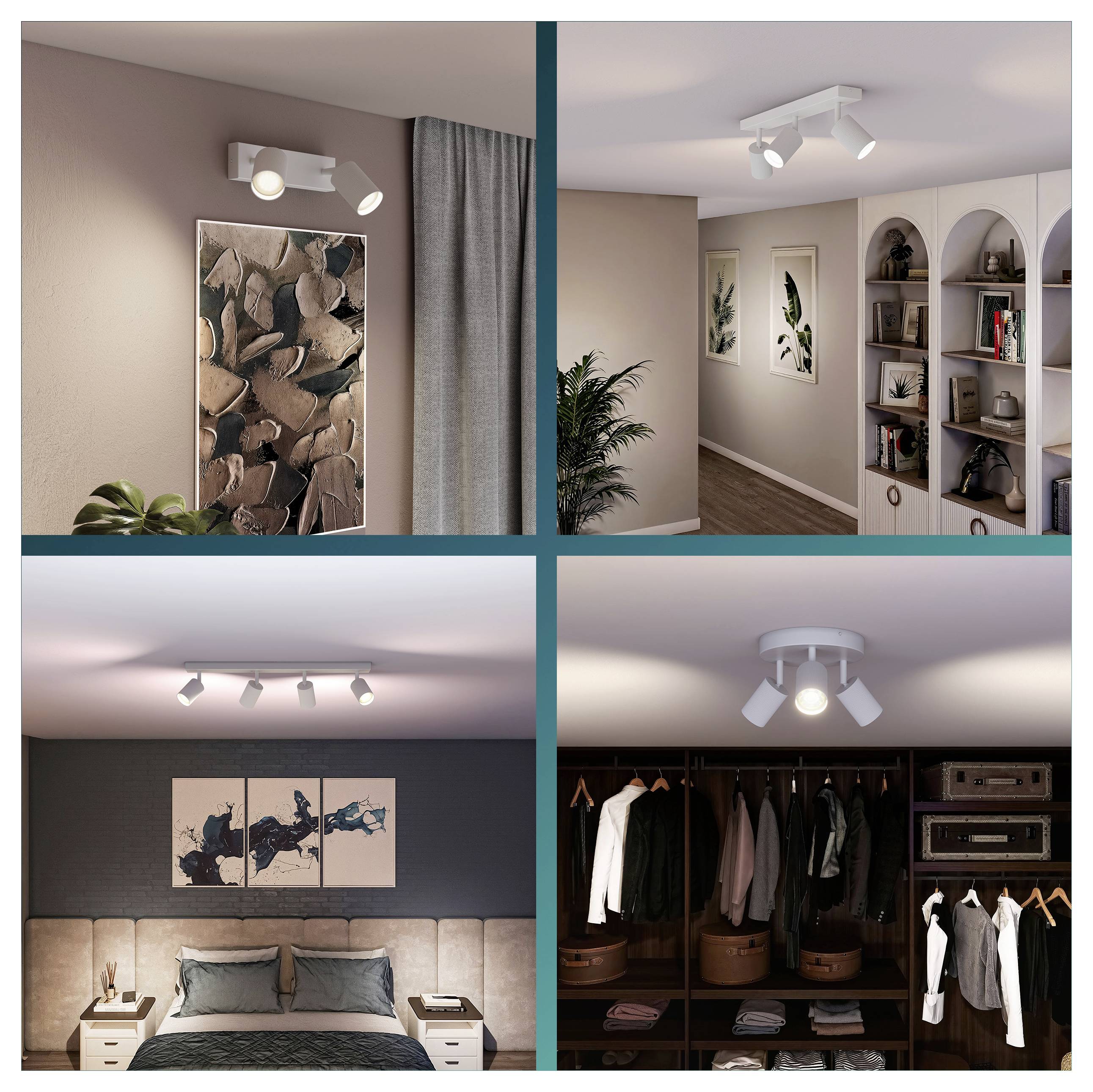 Collage moderner Innenräume, die von verstellbaren Decken- und Wandstrahlern beleuchtet werden und Kunstwerke, Regale, ein Schlafzimmer und einen Kleiderschrank hervorheben.