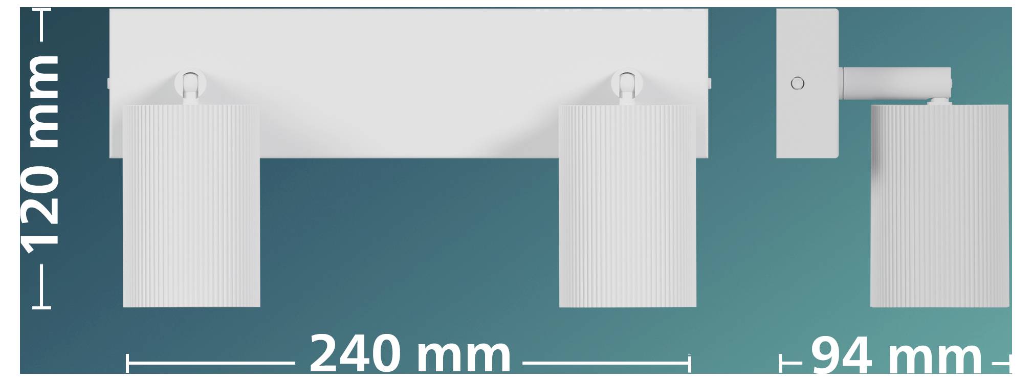 Technische Zeichnung eines weißen T-förmigen Panels mit drei vertikalen Abschnitten, mit beschrifteten Abmessungen von 120 mm Höhe, 240 mm Breite und 94 mm im rechten Abschnitt.