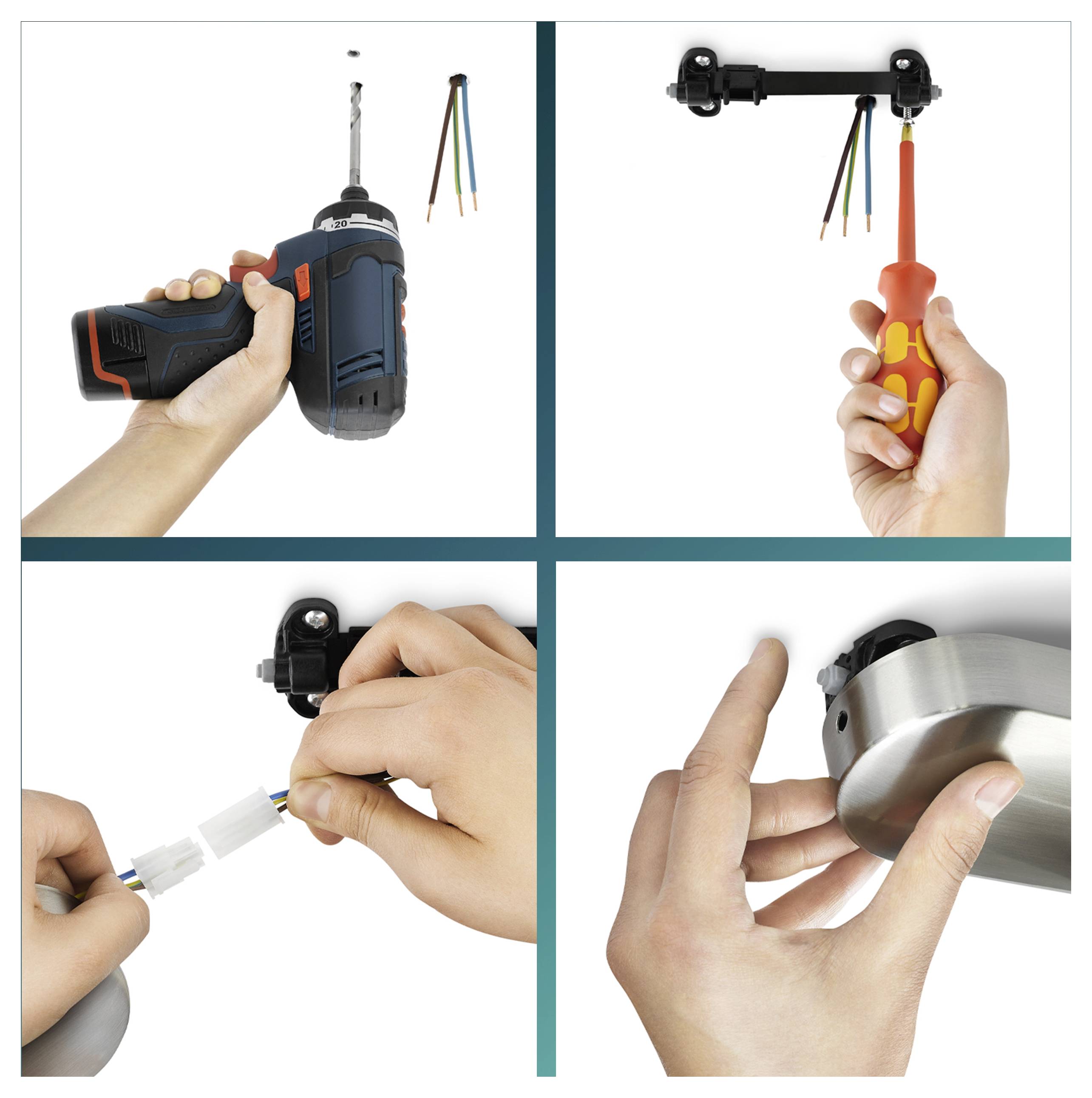 Vier-Schritt-Anleitung-Collage zur Installation eines Dimmer-Schalters: Bohren, Befestigungskabelwerkzeug anbringen, Drähte verbinden und Schalterabdeckung montieren.
