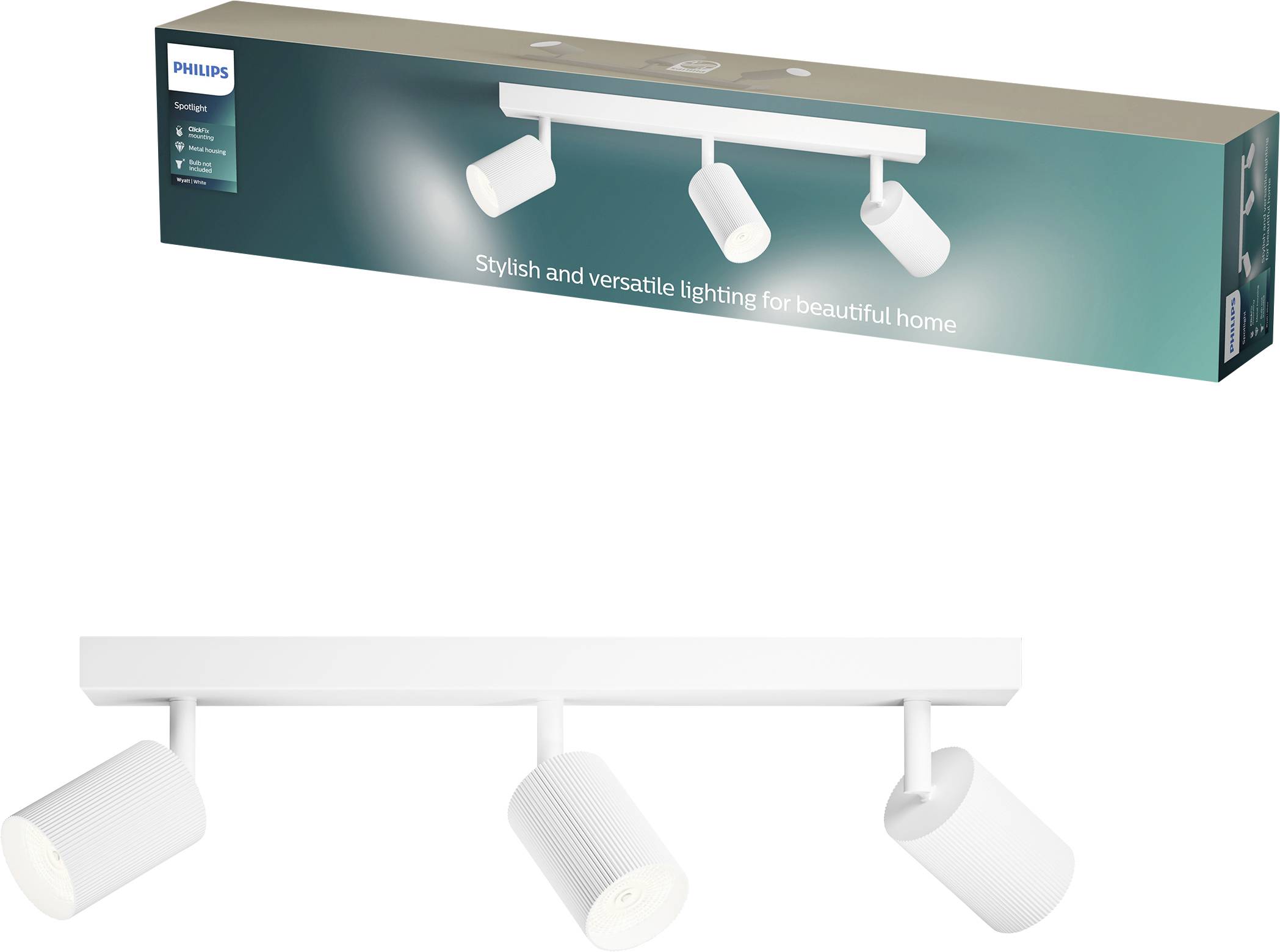 Philips weiße dreiflammige Deckenspotleiste, wie auf der Verpackung und am Produkt selbst dargestellt.