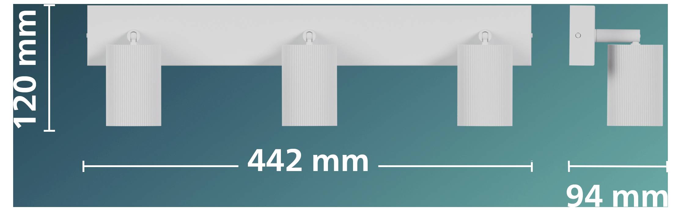 Technische Maßzeichnung einer weißen Komponente auf tealfarbenem Hintergrund, die Breiten von 442 mm, 120 mm und 94 mm zeigt.