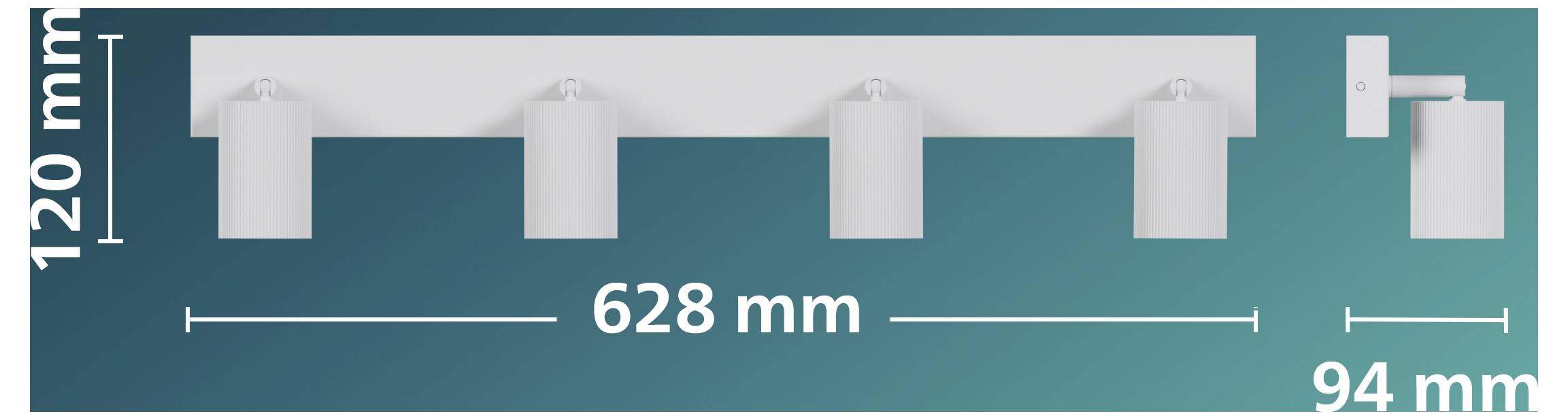 Technisches Layout-Diagramm mit vier gleichmäßig verteilten Montagebügeln über eine Spannweite von 628 mm, mit einer Höhe auf der linken Seite von 120 mm und einer Abschnittslänge auf der rechten Seite von 94 mm.