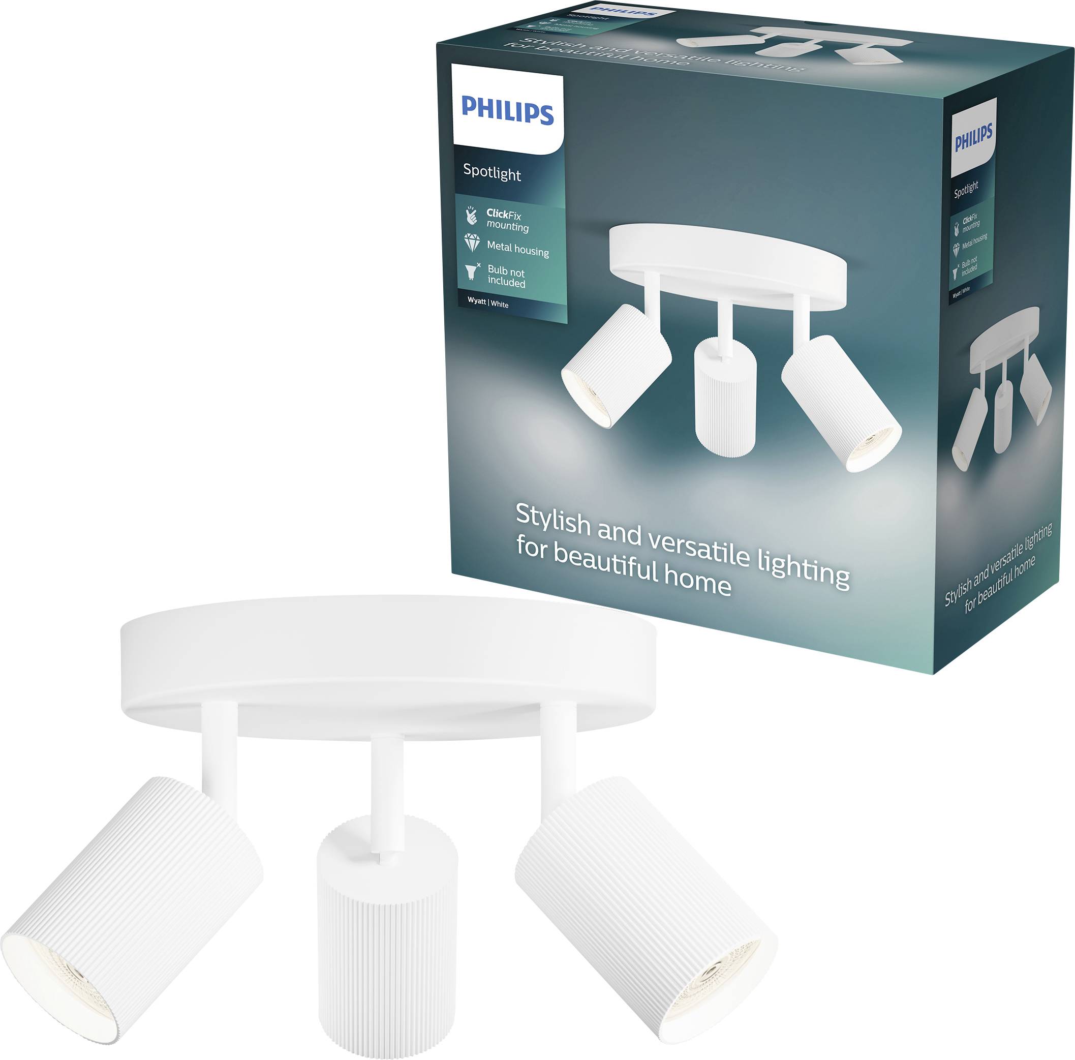 Philips Spotlight Deckenleuchte mit drei verstellbaren weißen Lampenköpfen, abgebildet mit Produktverpackung.