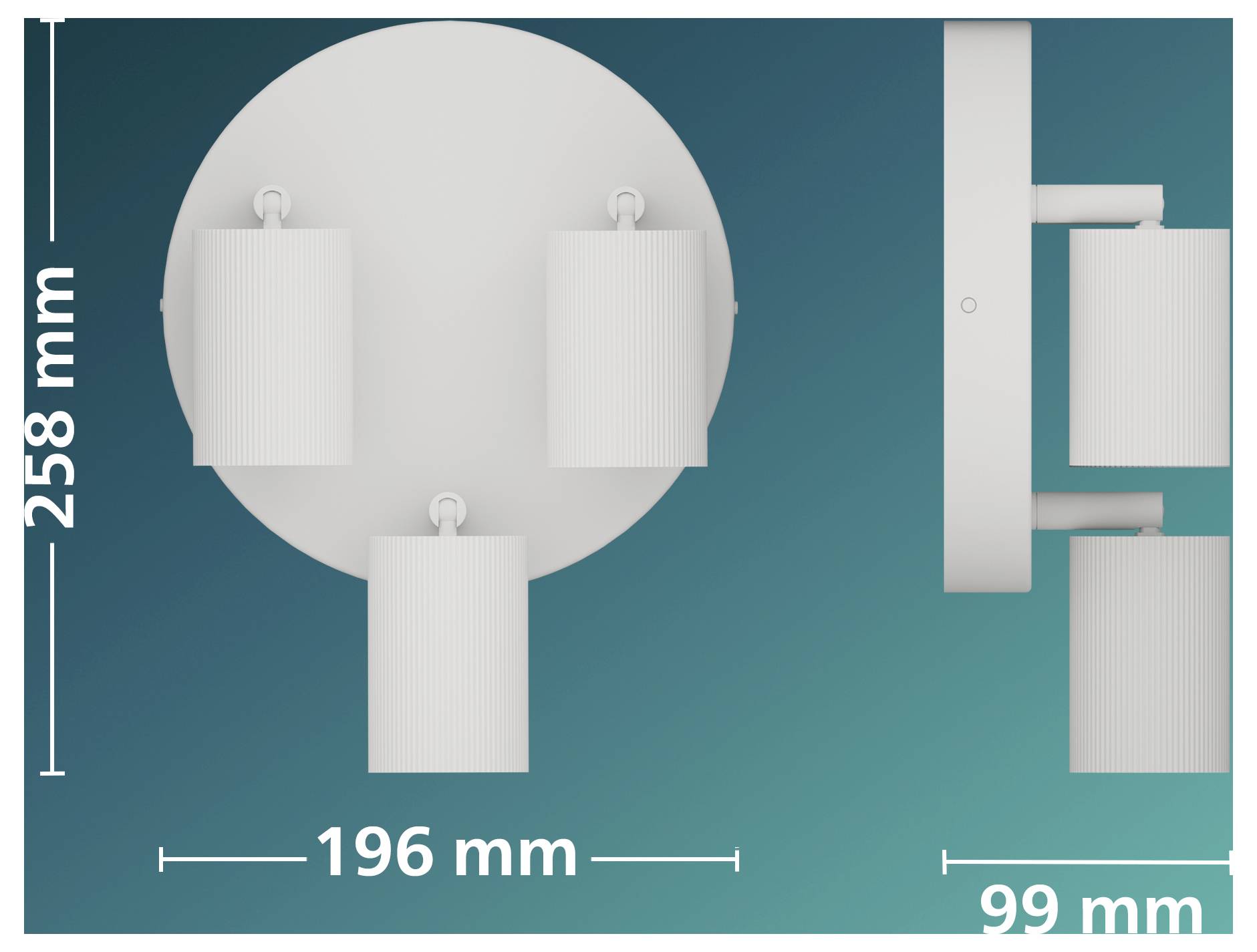 Technische Zeichnung einer Deckenleuchte mit drei zylindrischen Schirmen, zeigt Abmessungen von 258 mm Höhe, 196 mm Breite und 99 mm Tiefe.