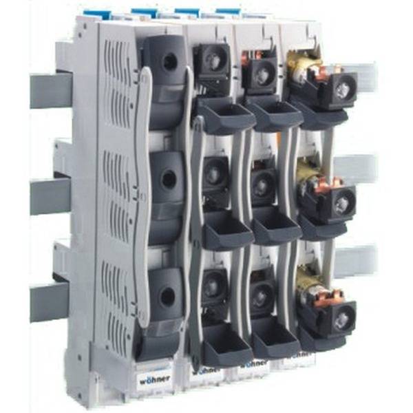 Elektrosicherung oder Schaltermodul mit mehreren schwarzen Patronenhaltern, die auf einer grauen Industrieplatte montiert sind.