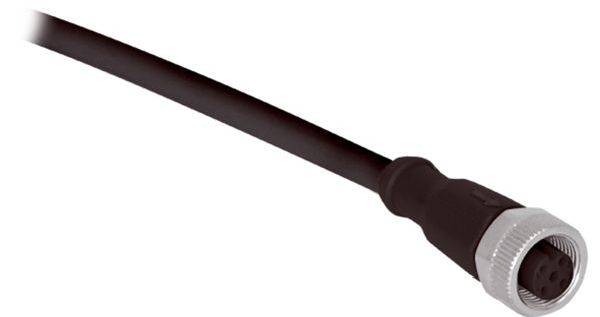 Schwarzes Kabel mit einem kreisförmigen silbernen Stecker an einem Ende, gezeigt auf weißem Hintergrund.