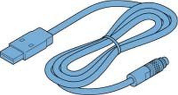 Blaues USB-Kabel mit Standard-USB-A-Stecker auf der einen Seite und einem kleinen runden Stecker auf der anderen Seite.