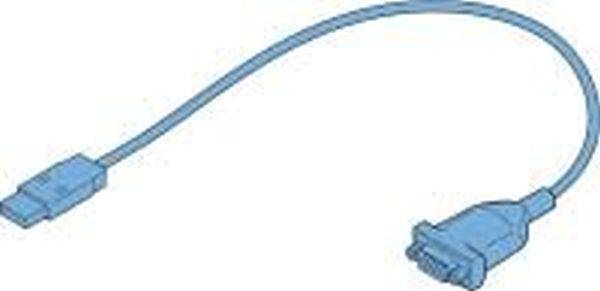 Ein blaues Kabel mit zwei verschiedenen Steckern an jedem Ende, gezeigt vor einem weißen Hintergrund.