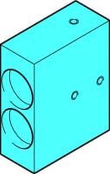 Illustration eines türkisfarbenen rechteckigen 3D-Blocks mit zwei großen kreisförmigen Öffnungen an einem Ende und kleineren Löchern oben und an der Seite.