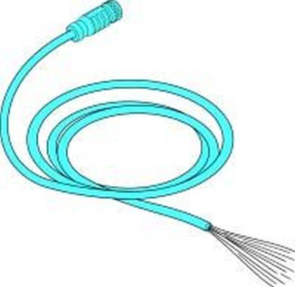 Aufgerolltes türkisfarbenes flexibles Kabel oder Peitsche mit einem griffähnlichen Ende und ausgefransten Drahtsträhnen am anderen Ende auf weißem Hintergrund.