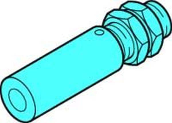 Ein cyan farbener zylindrischer Bolzen oder Befestigungselement mit gewindeltem Ende und Sechskantmutter, dargestellt auf weißem Hintergrund.