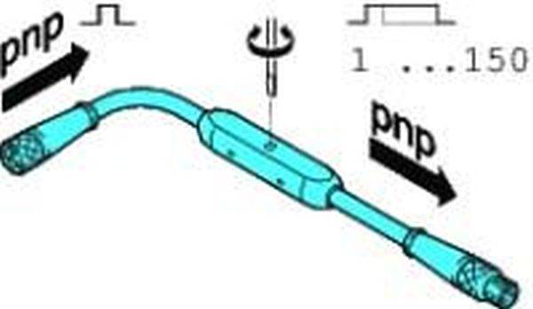 Schaltbild eines PNP-Transistors mit gekrümmtem zentralen Körper und drei Anschlüssen, beschriftet mit 'pnp' mit Pfeilen und einer 1:150-Verhältnismarkierung darüber.