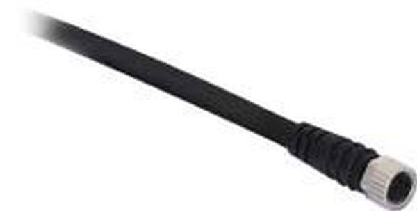 Schwarzes flexibles Kabel mit einem silbernen Gewindestecker an einem Ende, gezeigt vor weißem Hintergrund.
