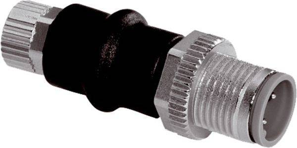 Metallischer zylindrischer Kabelstecker mit gerillten Enden und gewindeleckung, auf weißem Hintergrund dargestellt.