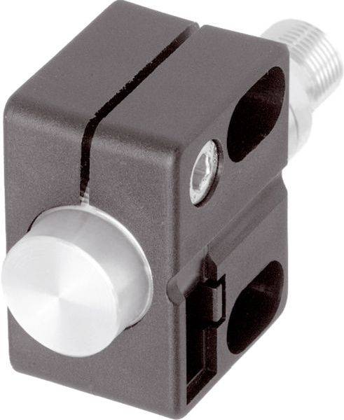 Nahaufnahme einer metallischen Klemmhalterung mit einem weißen zylindrischen Drehknopf und einer Gewindeschraube, die zum Befestigen oder Einstellen von Hardware verwendet wird.