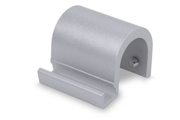 Grau metallische zylindrische Halterung mit flacher Basis und offenem U-förmigen Kanal, gezeigt auf weißem Hintergrund.