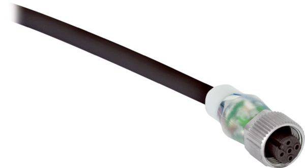 Nahaufnahme eines schwarzen Kabels, das in einem kreisförmigen Mehrpin-Stecker mit weißem Kragen und grauem Gewindelende endet.