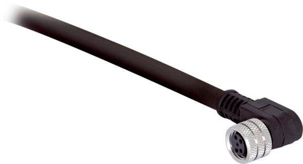 Schwarzes Kabel mit einem rechtwinkligen runden Mehrfach-Steckverbinder auf weißem Hintergrund.