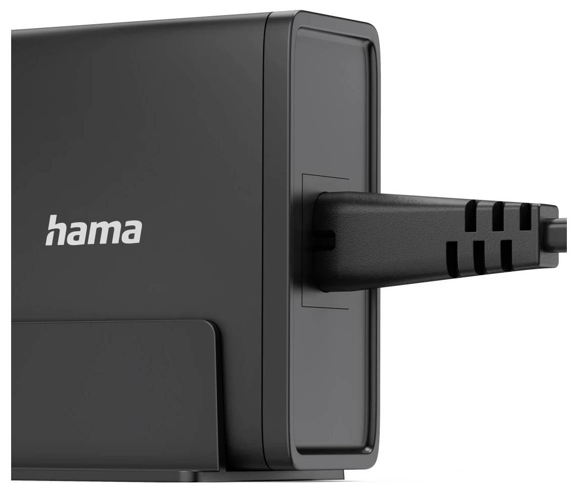 Schwarzes Hama-Wandladegerät mit hervorstehendem Stecker auf weißem Hintergrund.