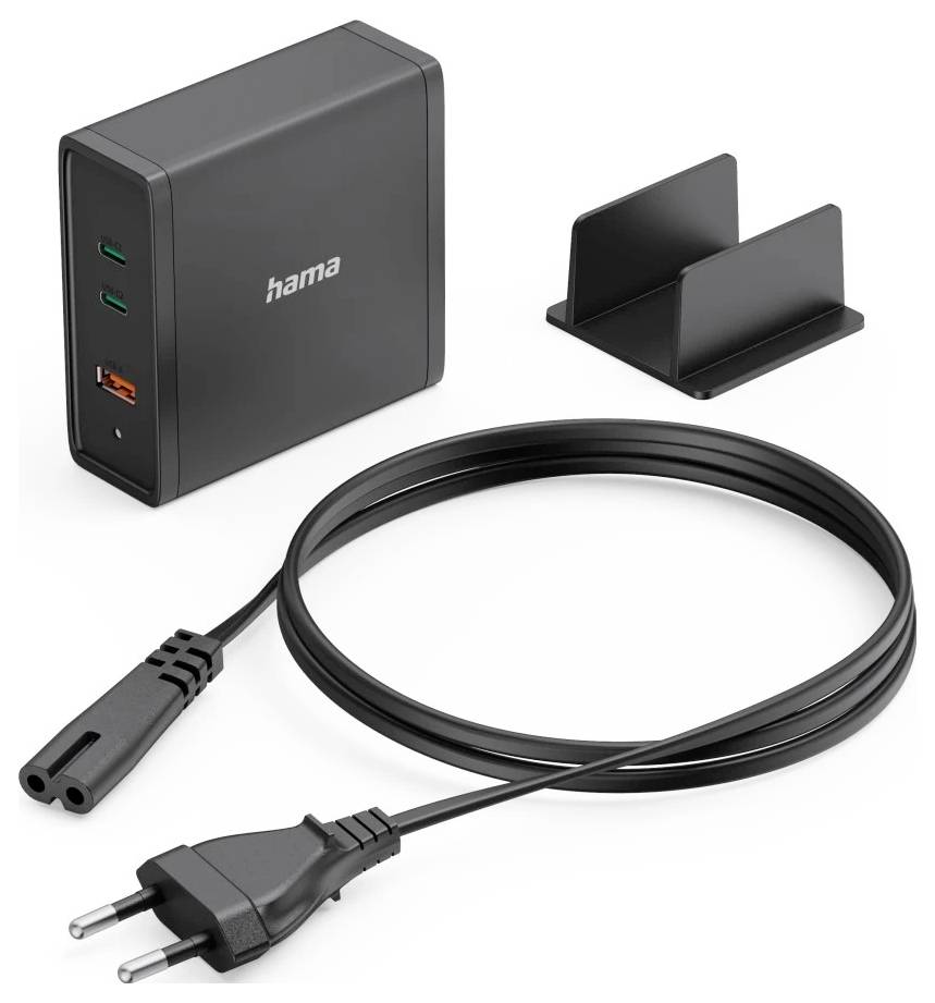 Schwarzes Hama Multi-Port USB-Ladegerät mit zwei USB-A- und einem USB-C-Anschluss, einem Stromkabel und einem kleinen Ständer für aufrechte Positionierung.