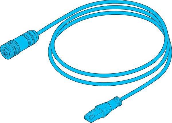 Blaues Ethernet-Patchkabel mit einem RJ45-Stecker auf der einen Seite und einem runden Stecker auf der anderen Seite, aufgerollt auf weißem Hintergrund