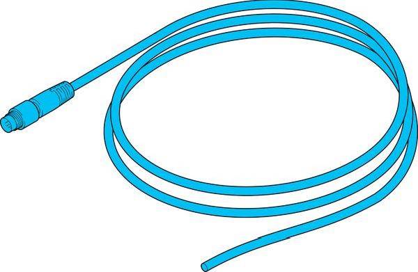 Aufgerollter blauer Schlauch oder Kabel mit einem Stecker an einem Ende, auf weißem Hintergrund dargestellt.