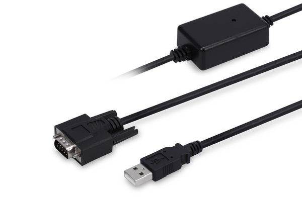USB-zu-Seriell-Adapterkabel mit schwarzem Inline-Modul und DB9-Anschluss auf der einen Seite, USB-A-Stecker auf der anderen Seite