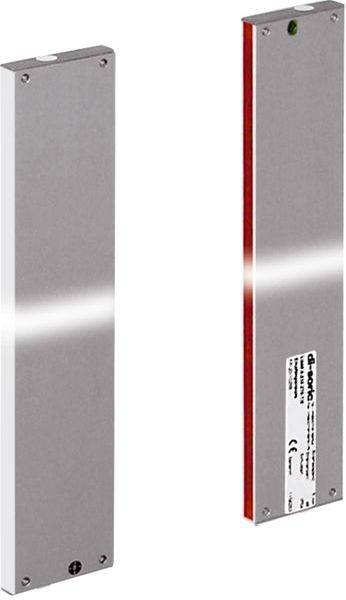 Zwei rechteckige Metallgerätemodule, von vorn und von der Seite gezeigt, mit Befestigungsschrauben und einem weißen Produktetikett auf einer Einheit.