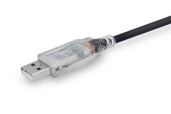 Nahaufnahme eines USB-Typ-A-Steckers mit transparentem Kunststoffgehäuse und schwarzem Kabel auf weißem Hintergrund.
